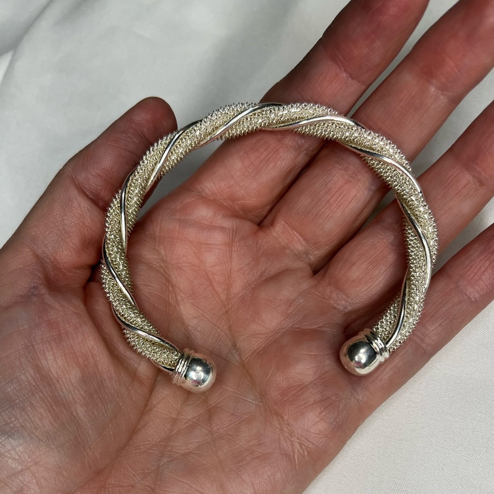 Textured 925 Silver Stackable Bangle Bracelets En… - image 3